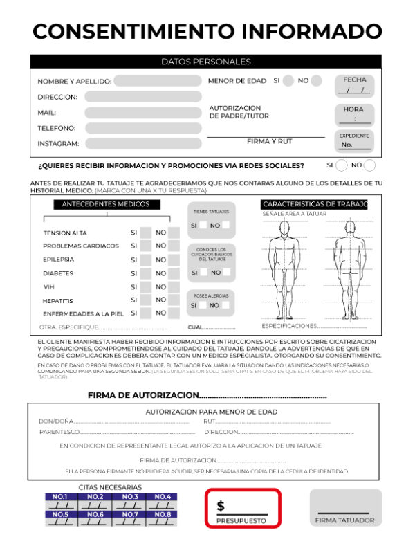 Formulario de Consentimiento Informado para Tatuajes de Renki Tattoo, incluye datos personales, historial médico y autorización.