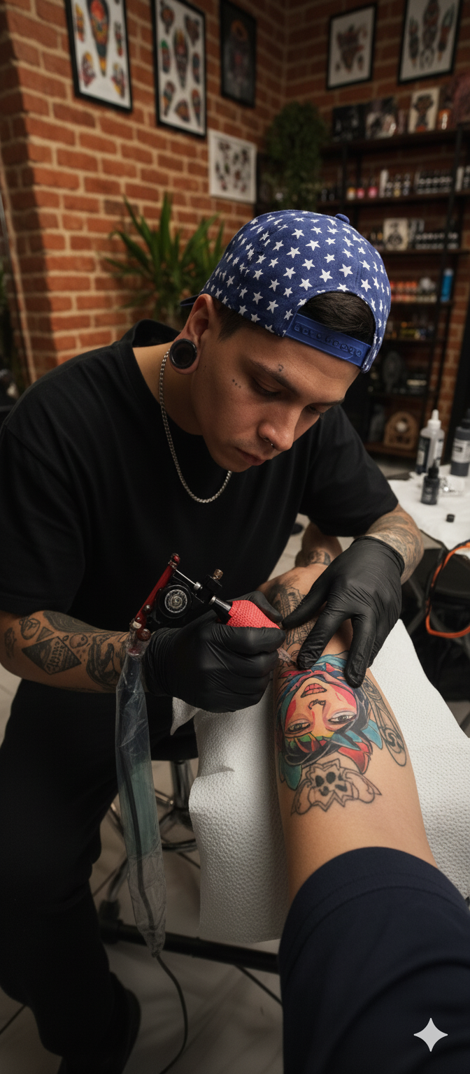En el campo "Texto alternativo", escribe: Tatuador profesional de Renki Tattoo realizando un tatuaje en la pierna del cliente en el estudio de tatuajes
